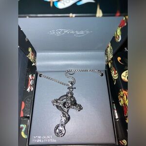 NEW Ed Hardy Skull Cross Serpent Mens Stainless Steel Necklace